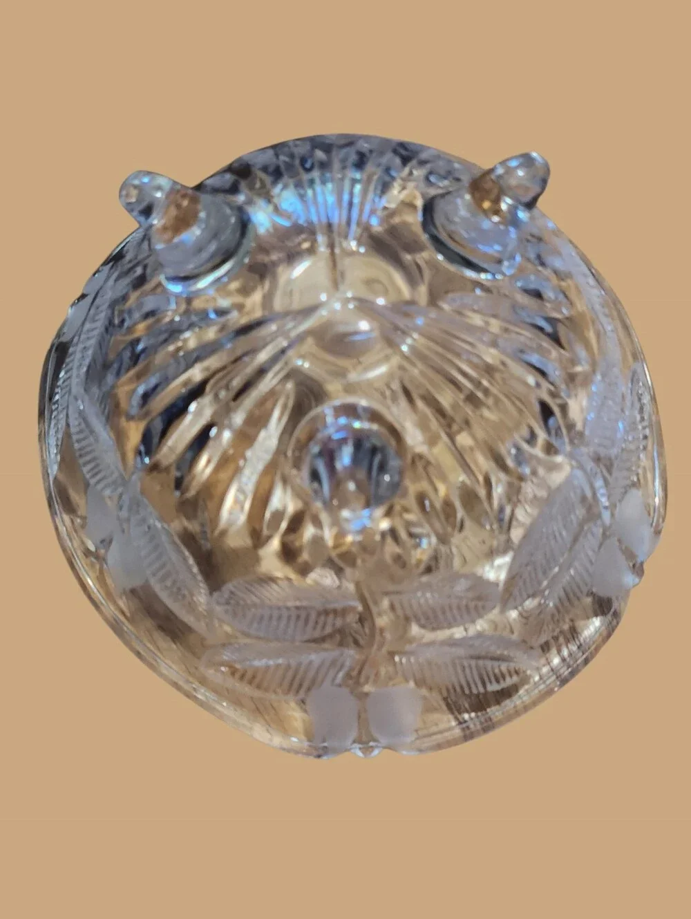 Source Unknown Clear Cut-Glass Covered Dish with Leaf Motif